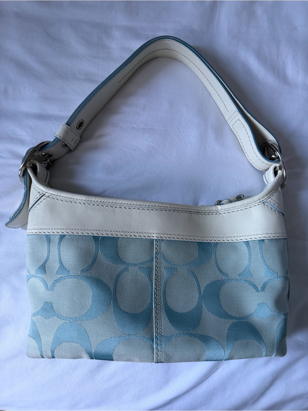 Coach Signature Light Blue and White Shoulder Bag